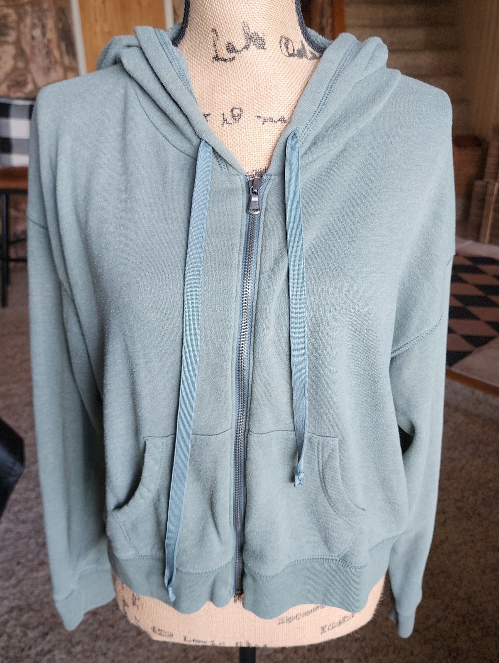 American Eagle Women's Sage Green Zip-Up Hoodie